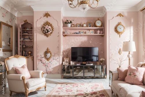 luxurious, cozy living room with elegant furniture and tasteful decor. Serene and spacious living space, peach and powder pink luxury interior design floral color sofa and armchairs. © HEKOLA