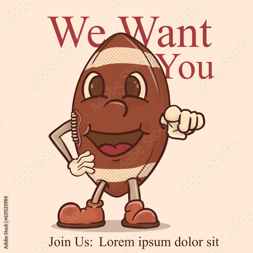 we want you to play football funky mascot pointing. gridiron american football mascot vintage style vector illustration with face.