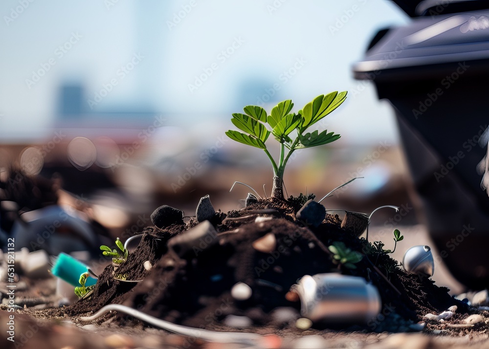 Little Plant Growing on Dirt Sprout Grows from Trash Pile of Waste Stock Photo Adobe Stock