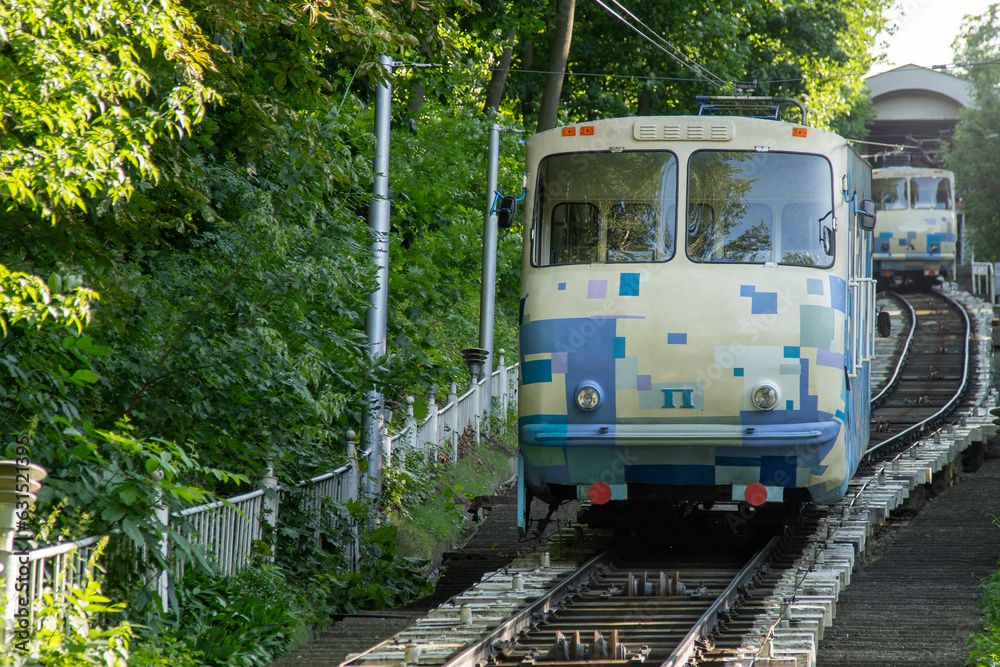 Fototapeta premium Public transport funicular. Kyiv, Ukraine. Ukrainian electric tram in Kiev