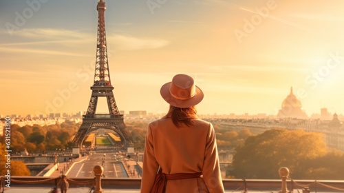 Woman posing at sunset against view of the Eiffel tower