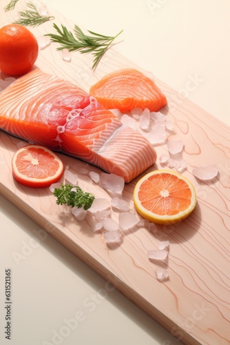Filete de salmón fresco conservado en hielo y naranjas para marinar, salmón ahumado tradicional noruego 