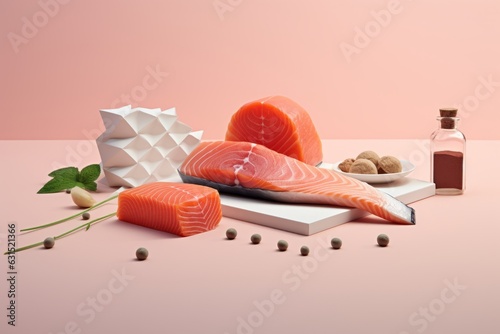 Diferentes cortes de filetes de salmón presentando con albahaca pimienta y aceite de trufas, sashimi aislado con fondo rosa aesthetic con sombras, lonja de pescado de lujo, pescaderia japonesa photo