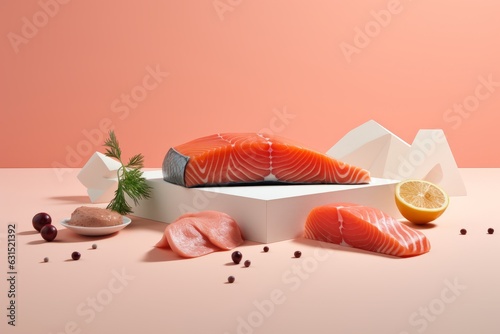 Corte de filete de salmón presentando con finas hierbas y limón, sashimi aislado con fondo rosa aesthetic con sombras, lonja de pescado de lujo, pescaderia noruega  photo