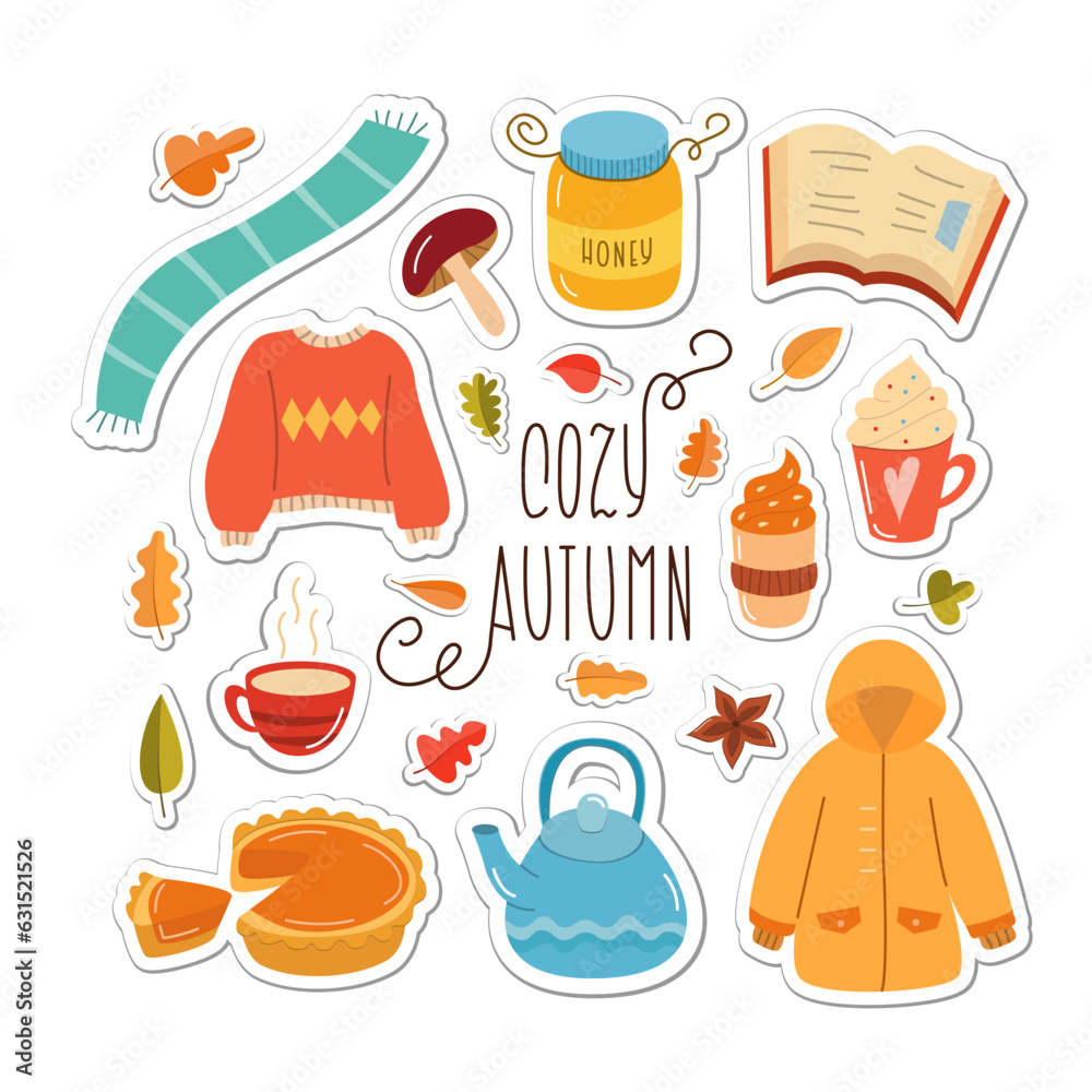 Cozy Autumn Sticker Collection. Vector Design Elements Sticky Set. Cute Cartoon Fall Sweater, Pumpkin Pie, Hot Tea, Book, Kettle and Leaves.