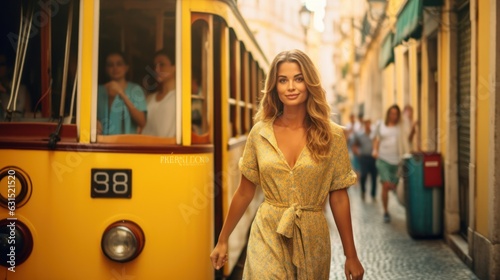 Young beautiful woman posing next to the tram on the streets of Europe