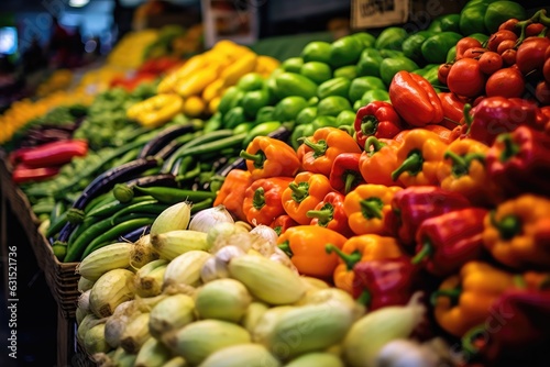Colorful various fresh organic ripe vegetables at grocery shop for healthy nutrition