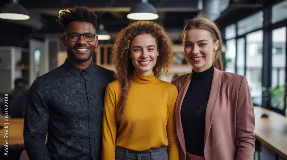 Multi-ethnic group of executive workers standing facing the camera in a coworking space