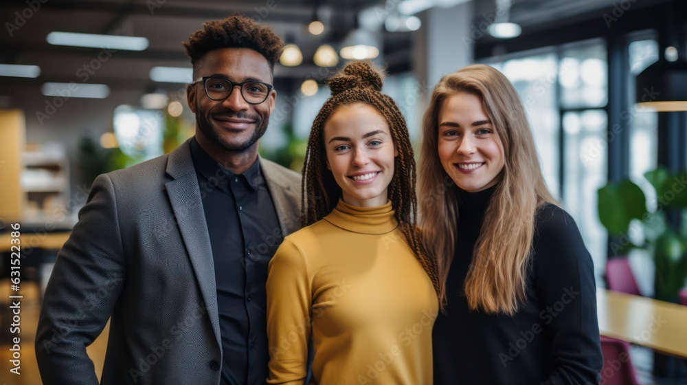 Multi-ethnic group of executive workers standing facing the camera in a coworking space