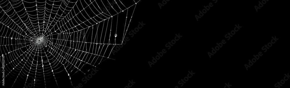 Spider web silhouette against black background. Halloween theme banner, card og invitation.