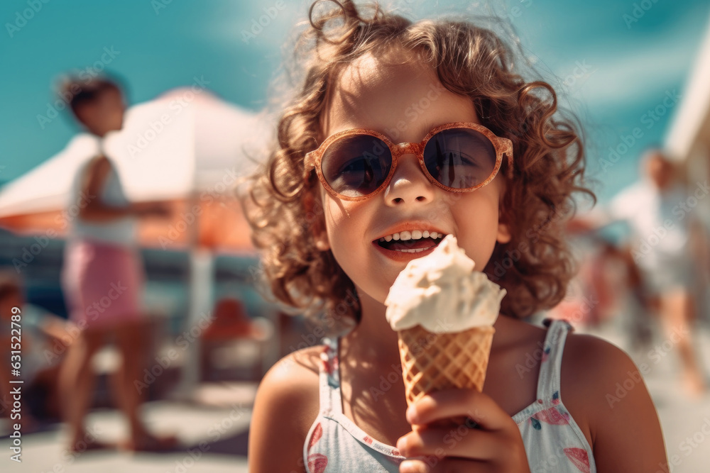 Satisfied cheerful carefree happy child eating ice cream outdoors