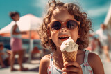 Satisfied cheerful carefree happy child eating ice cream outdoors