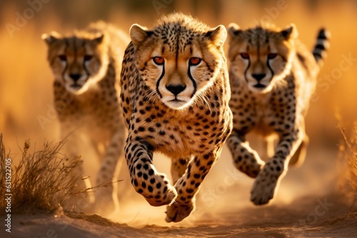 Sprinting Cheetah Pack on Arid Savannah. Generative AI