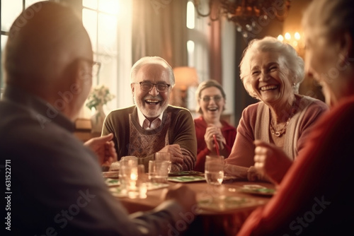 Satisfied joyful happy old people friends spending time together playing poker