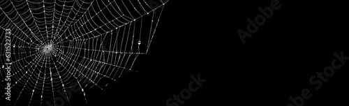 Spider web silhouette against black background. Halloween theme banner, card og invitation.