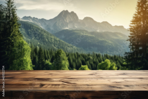 Wooden table with mountain views background in the sun, in the style of nature