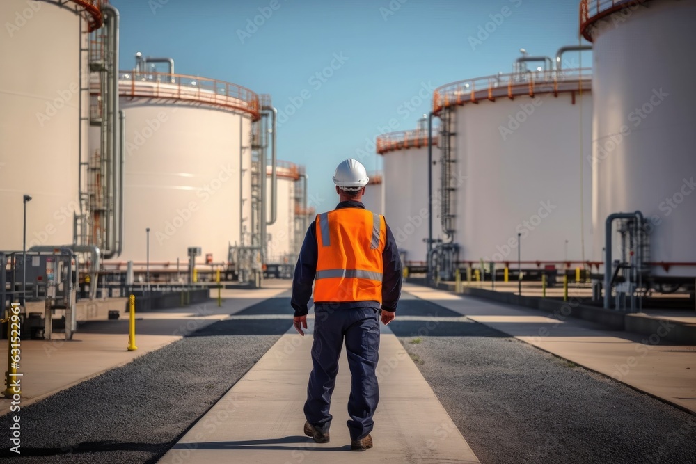 Engineer man worker at LPG storage plant, LNG liquefied natural gas