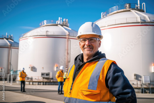 Wallpaper Mural Portrait of engineer man worker at LPG storage plant, LNG liquefied natural gas tanks Torontodigital.ca