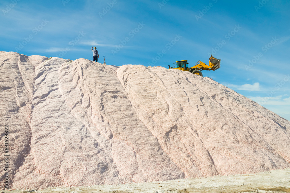 Trucks unloading raw salt bulk, Salinas Grandes de Hidalgo, La Pampa, Argentina.