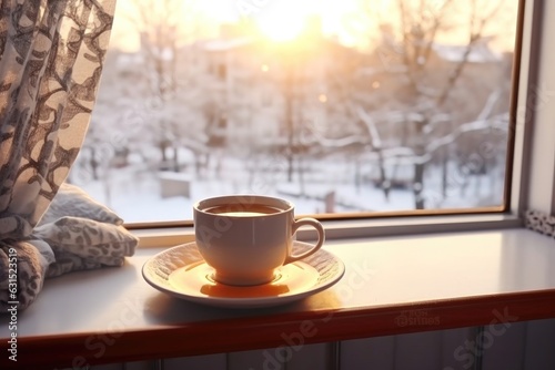 Warm hot drinks on the windowsill in winter time