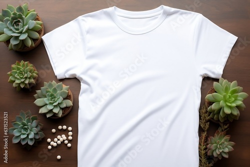 White T-Shirt Mockup Template with Succulents: Fashion Showcase, Generative Ai