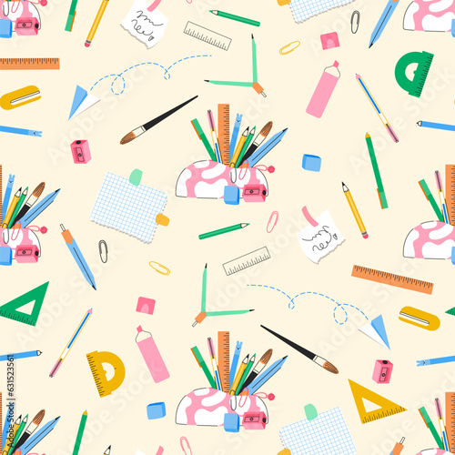 School supplies seamless pattern. Stationery, notes, pencil box with writing tools. Education, back to school concept. Vector illustration isolated on light beige background