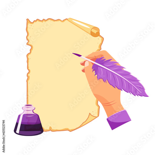 Old blank parchment with inkwell. Hand with an ink pen writes on paper. Poetry design symbol.