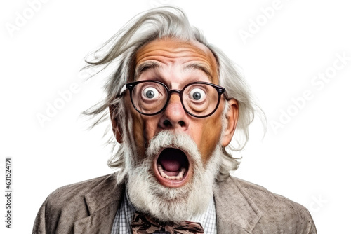 Portrait of amazed old man with an open mouth and round big eyes wearing eyeglasses on a transparent background