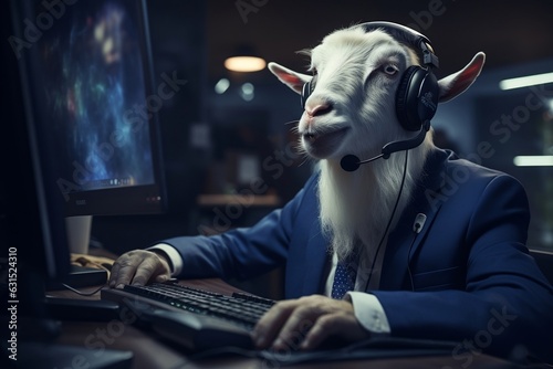 Joyful Goat Handling Calls in Office with Headset. Generative AI photo