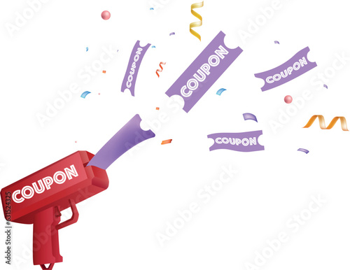 3d red coupon machine gun isolated on white background with colored 3d confetti and serpentine. Vector illustration