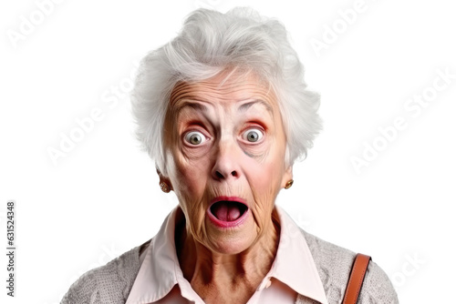 Portrait of amazed old woman with an open mouth and round big eyes on a transparent background