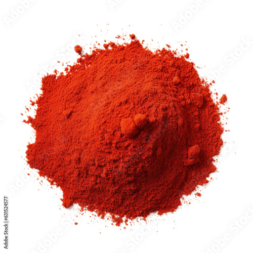 Red paprika powder isolated on white backround, seen from above. Pile of red powder isolated on white. photo