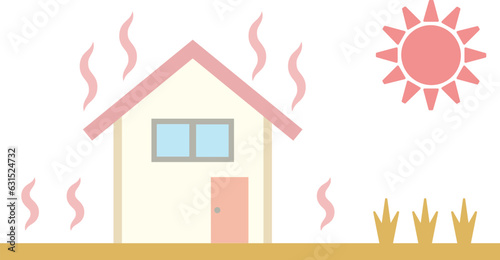 太陽熱で熱くなった三角屋根の小さな家のイラスト