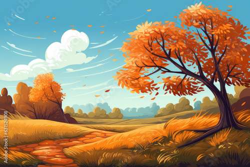 Autumn forest landscape illustration with yellow trees