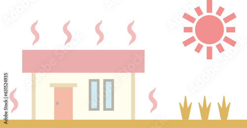 太陽熱で熱くなったコンパクトな平屋住宅のイラスト