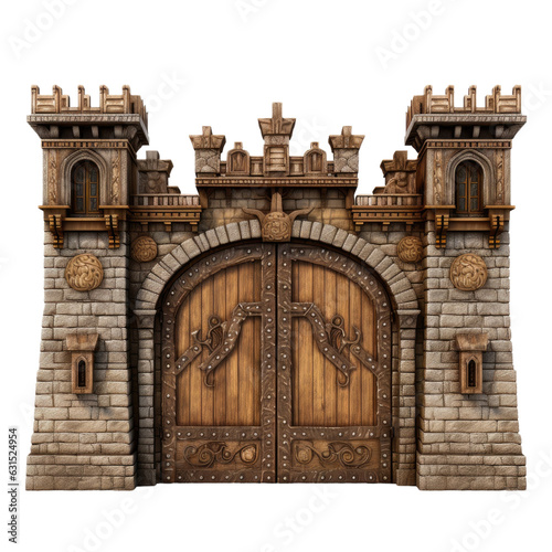 Fotobehang 3D rendered closed wooden gate of a medieval castle on white backround
