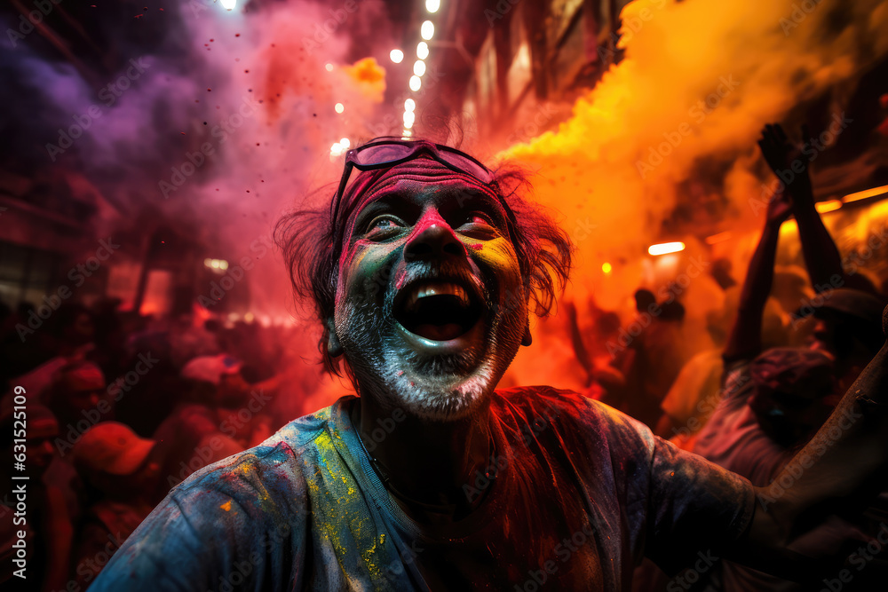 realistic of Happy holi on street in the night, people, colorful galactic aura symphony, ai generate realistic of Happy holi on street in the night, people, colorful galactic aura symphony, ai generate