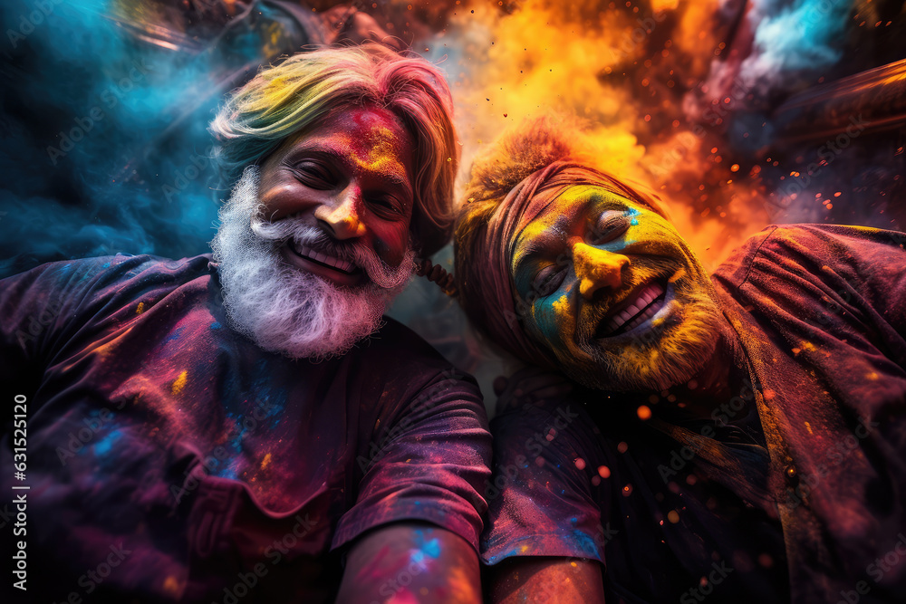 realistic of Happy holi on street in the night, people, colorful galactic aura symphony, ai generate