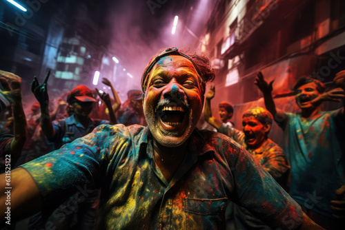 realistic of Happy holi on street in the night, people, colorful galactic aura symphony, ai generate