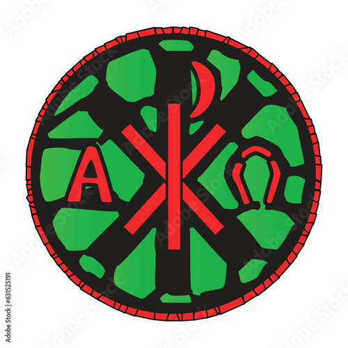Alpha Omega Sign As A Stain Glass Window.