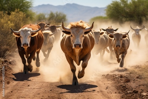 Stampeding Cattle Sprinting on a Gravel Path. Generative AI