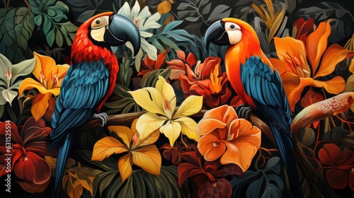 beautiful multicolored background with exotic birds and flowers, ai tools generated image © whitehoune