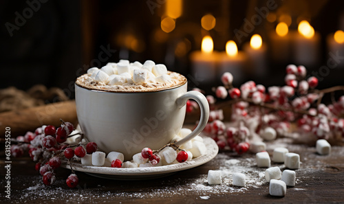 Wallpaper Mural Hot winter drink chocolate with whipped cream in white mug.Marshmallows, Christmas time. Cozy home atmosphere, bokeh background. , christmas lights, copy space for text Torontodigital.ca