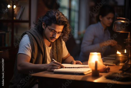 Young serious Indian male high school student writing notes in a copy at desk