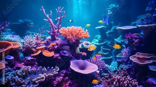 Incantevole Vista Subacquea  Coralli Vivaci e Pesci Tropicali sotto la Luce Neon Viola