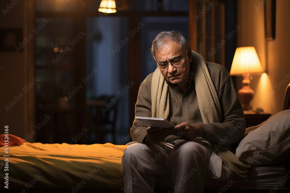 worried Indian senior man with paper document in the bedroom unable to sleep worried Indian senior man with paper document in the bedroom unable to sleep