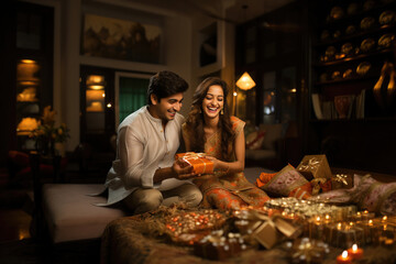 Cheerful Indian brother and sister exchanging gift box during raksha bandhan festival