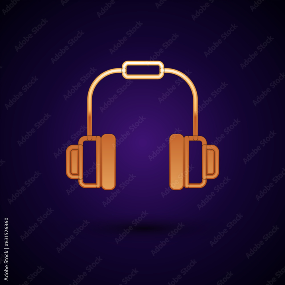 Gold Headphones icon isolated on black background. Earphones. Concept for listening to music, service, communication and operator. Vector Gold Headphones icon isolated on black background. Earphones. Concept for listening to music, service, communication and operator. Vector
