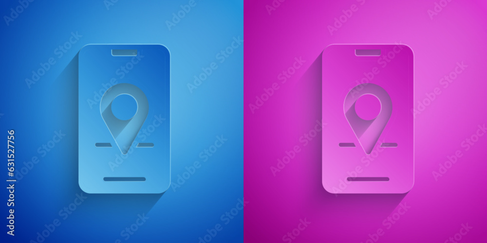 Paper cut Infographic of city map navigation icon isolated on blue and purple background. Mobile App Interface concept design. Geolacation concept. Paper art style. Vector Paper cut Infographic of city map navigation icon isolated on blue and purple background. Mobile App Interface concept design. Geolacation concept. Paper art style. Vector