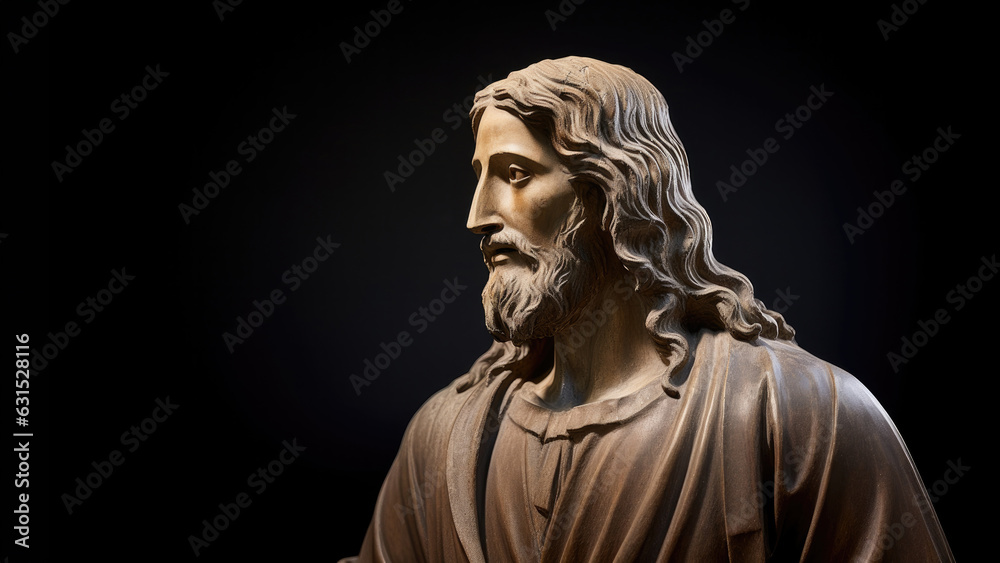 Statue of Jesus Christ isolated on black background with copy space